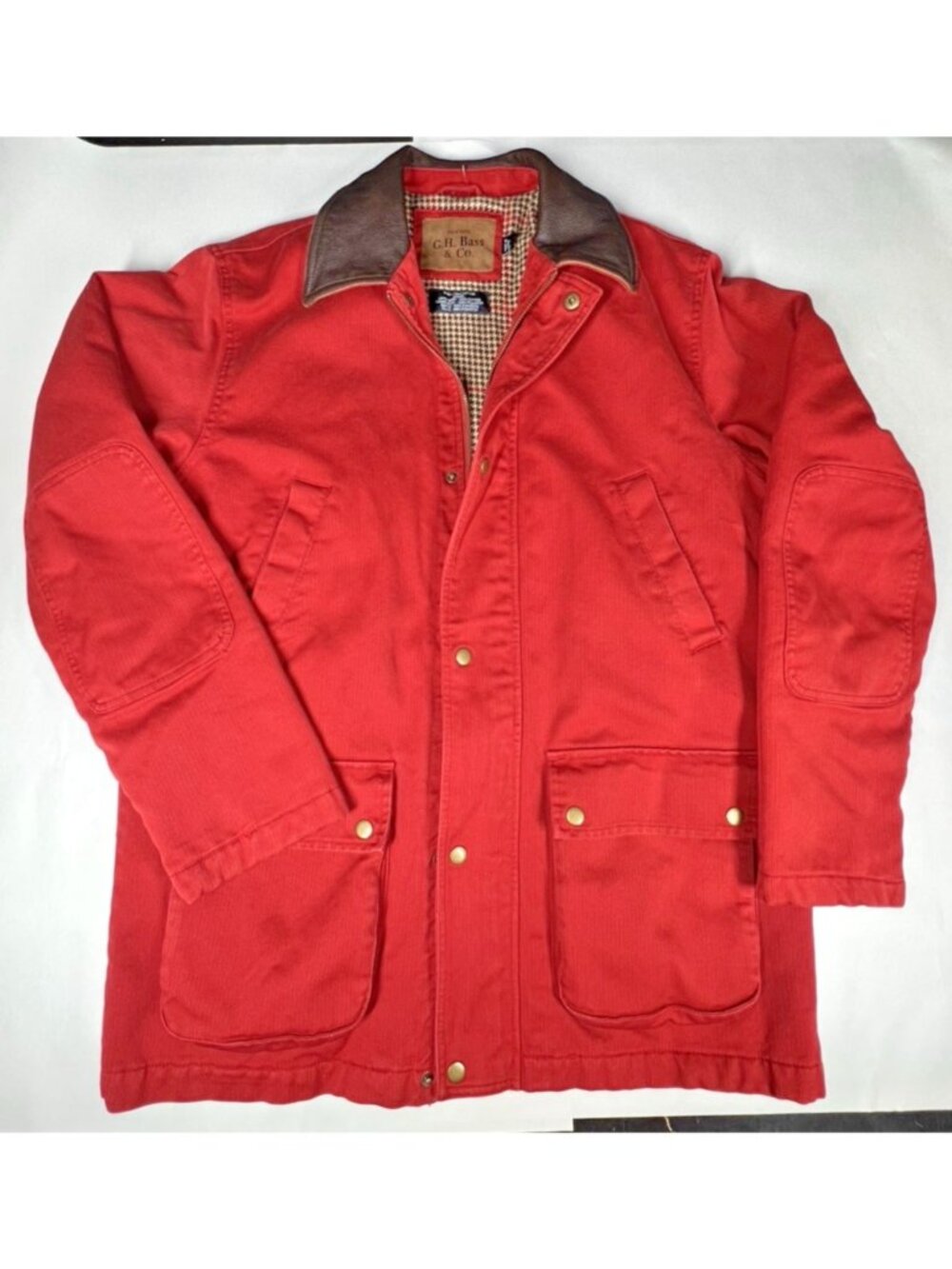 Bass & Co Chore Coat MEDIUM Red Corduroy Leather Collar Elbow Pads Lined